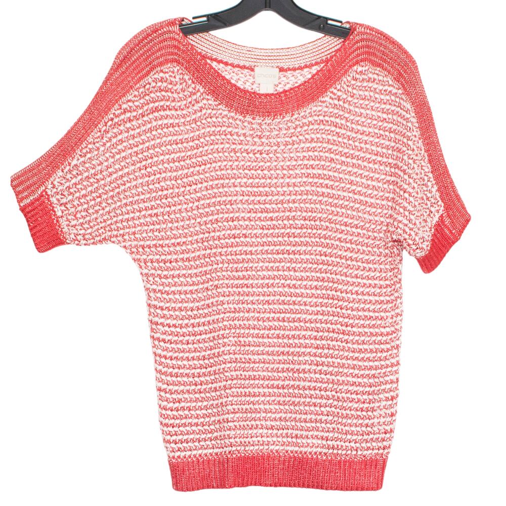 Chicos Top Open Knit Boho Coastal Spring Summer Crochet Resort Red Sz 1 Medium 8